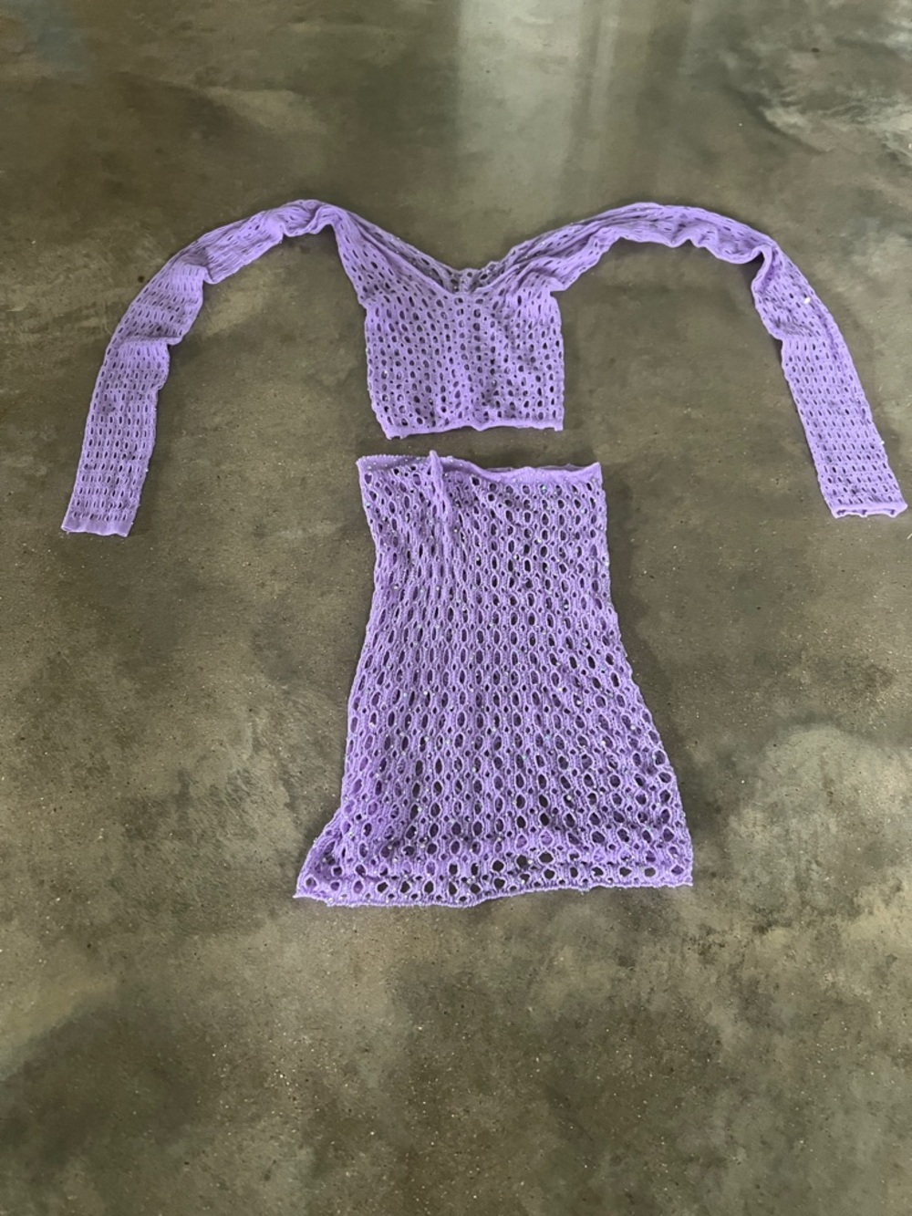 Purple Lilac Crochet Two-Piece Set - Open Weave Crop Top & Skirt